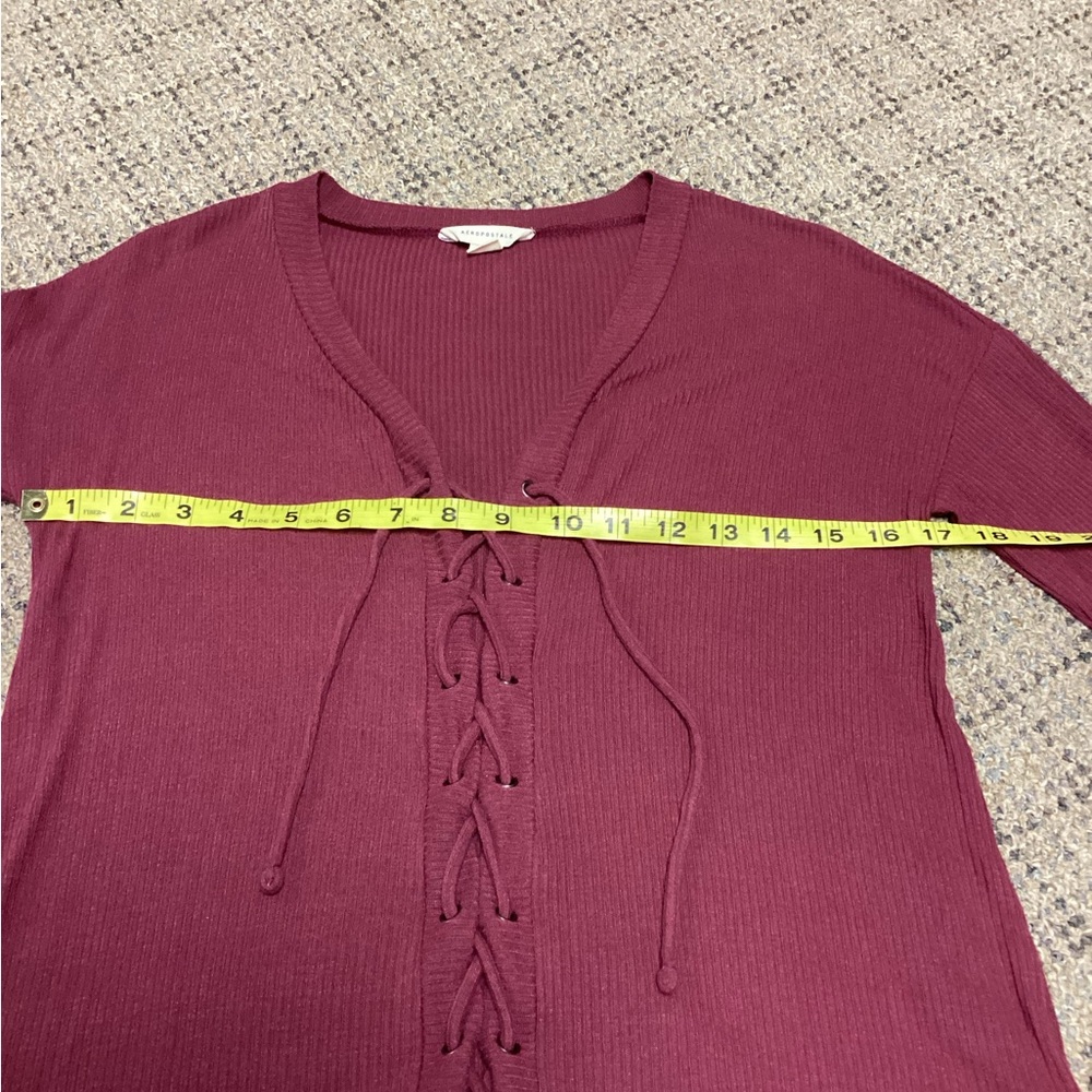 Aeropostale Burgundy Mauve Ribbed Lace-Up V-Neck Long Sleeve Top * Size XS - Picture 5 of 8